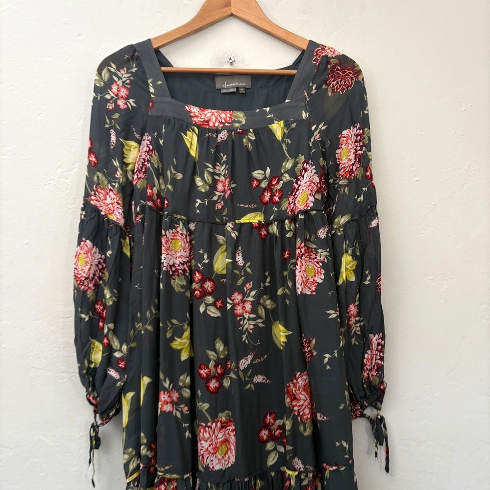 Anthropologie Eveline Maxi Dress Women Sz XS Gray Floral Tiered Boho Long Sleeve
